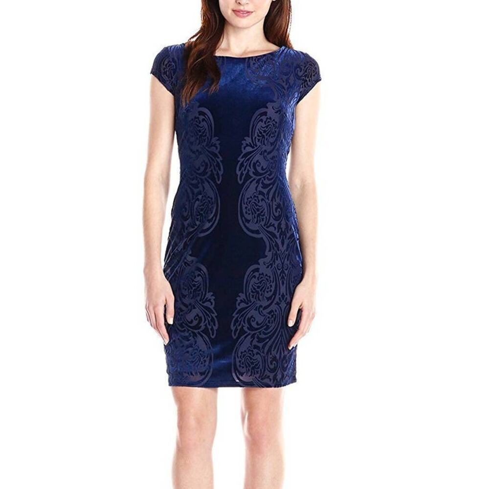 NEW Marina Womens Blue Fitted DRESS Velvet Burnout Placement Sz 10 Mob Wife